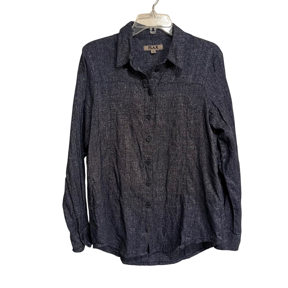 FLAX Shirt Long Sleeve Button Up Navy Blue‎ Metallic Silver Shimmer Thread Small